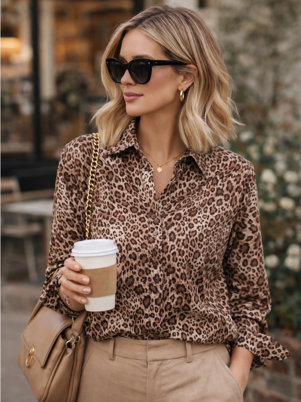 Chaps Leopard Print No Iron Button Down Shirt Size L Cotton Animal Print Top